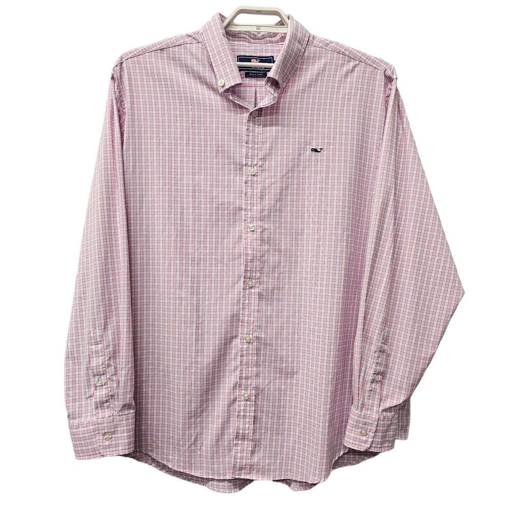 Vineyard Vines Shirt Men 2XL XXL Tall Pink White Gingham Plaid Button Down Whale